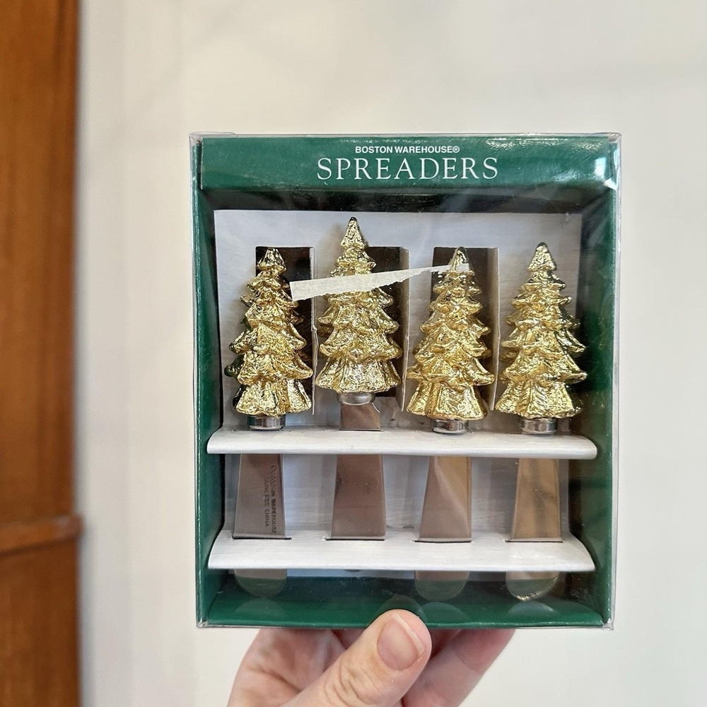 Boston Warehouse Set 4 Stainless Steel Cheese Knife Spreader Gold Christmas Tree